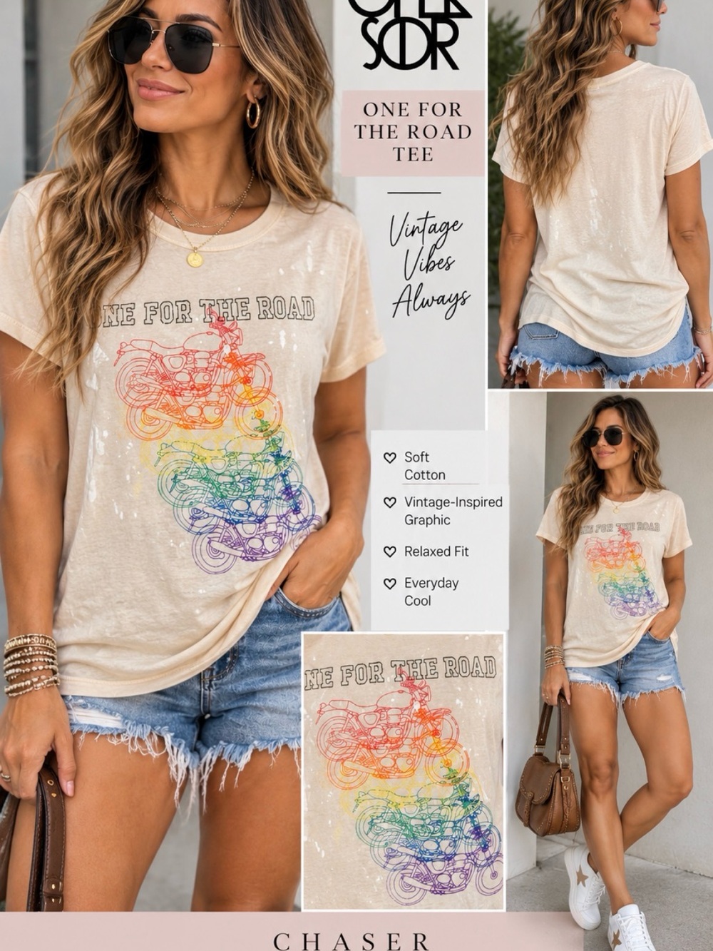 Chaser Cream Short-Sleeve Tee with Rainbow Motorcycle Graphic